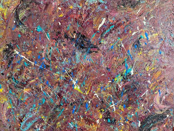 Splashes and slashes of various colors cover this canvas.