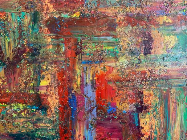 This painting has primary and secondary colors with a "pockmarked" type of texture.