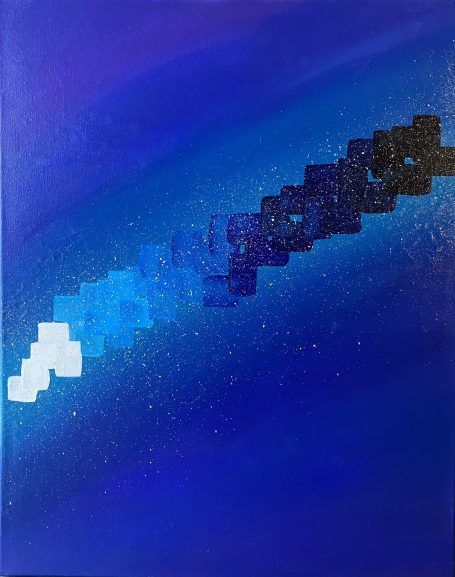 White, blue and black squares "climb" on a background of blues and purples.