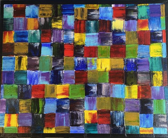Palette knife squares that are "imperfect" in various colors cover the canvas.