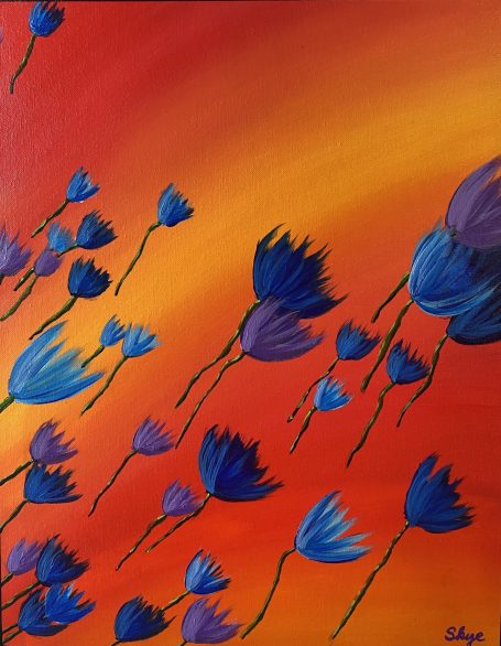 Blue and purple "flowing" flowers are floating away on a yellow and orange background.