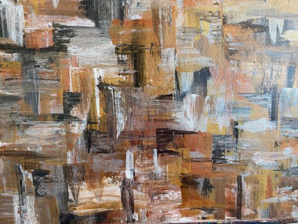 This painting is in black and white with gold, silver, and bronze metallics.